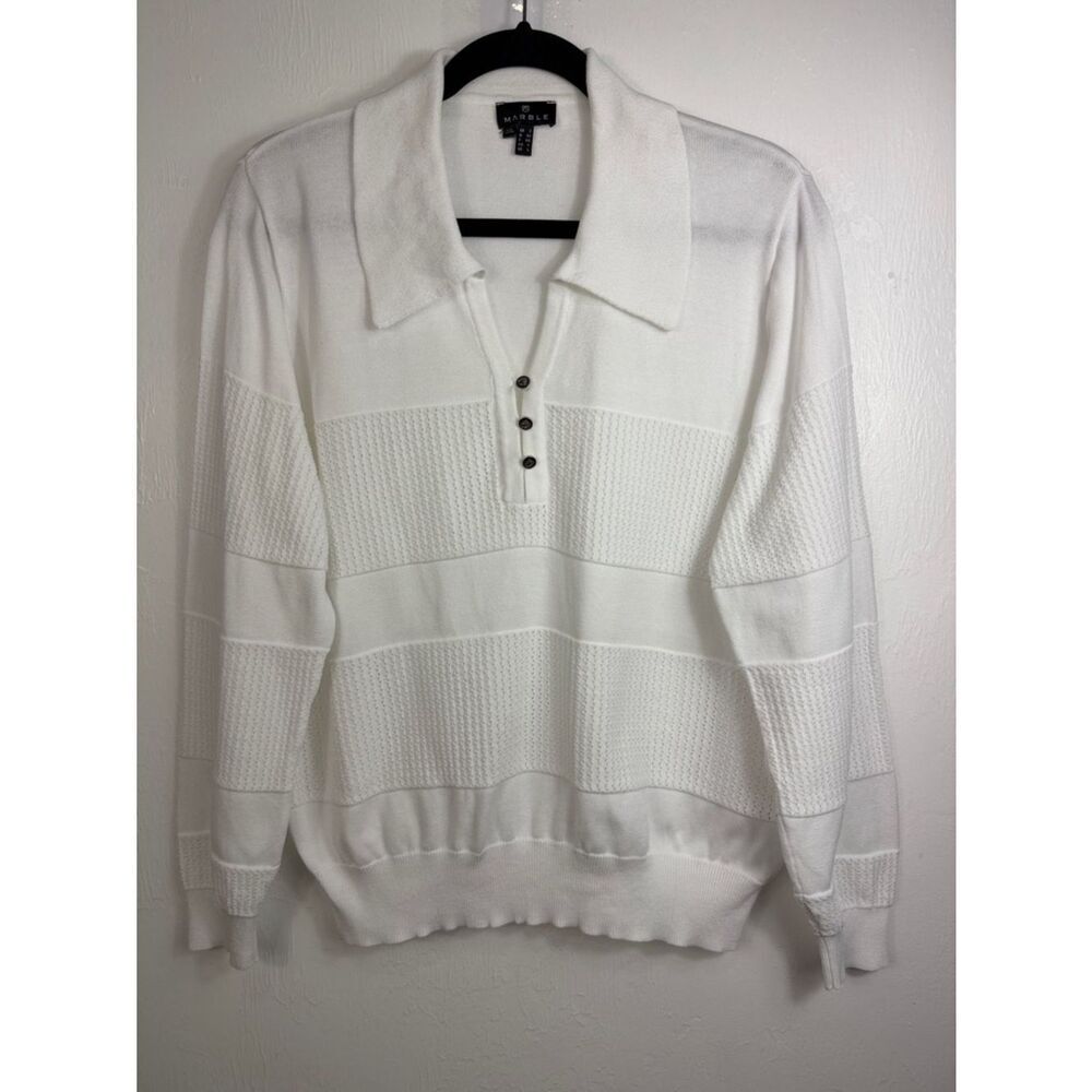 Marble Fashions Scotland White Textured Cotton Collared Knit Sweater Pullover L - Picture 2 of 10